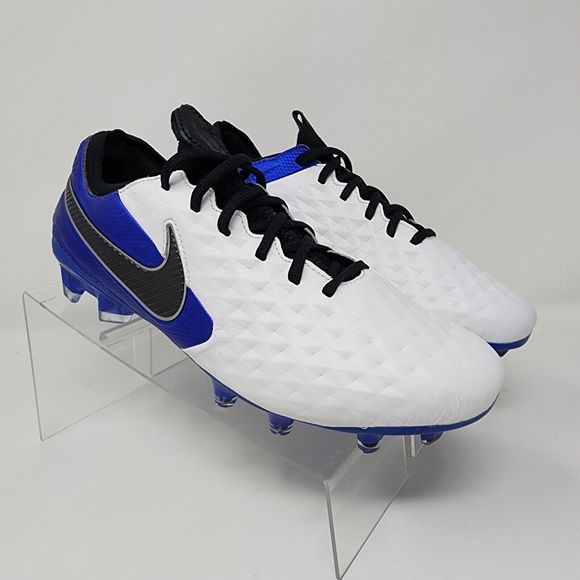 Nike Soccer Cleats Mens 6.5 Tiempo Legend 8 Elite FG White Metallic Blue Logo
